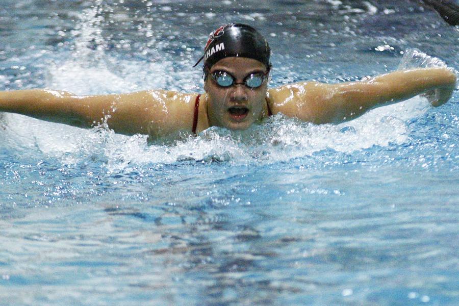 Junior Kylene Abraham swims the 100 butterfly during the Westside Swim Invitational. The Warriors placed second for both girls and boys. Photo by Clair Selby