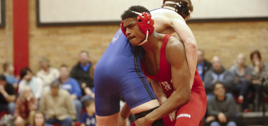Sophomore+Darlondo+Hill+wrestles+against+another+Bennington+wrestler+in+the+Westside+Activity+gym.+Hill+won+the+match+but+Westside+as+a+team+lost+48-24+on+Thurs%2C+Jan.+22.+Photo+by+Monica+Siegel