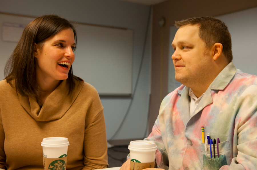 Business instructor Jessica Fauss and science instructor Michael Fauss laugh during an interview, Jan. 23. They have been married for 6 years. Photo by Sarah Lemke