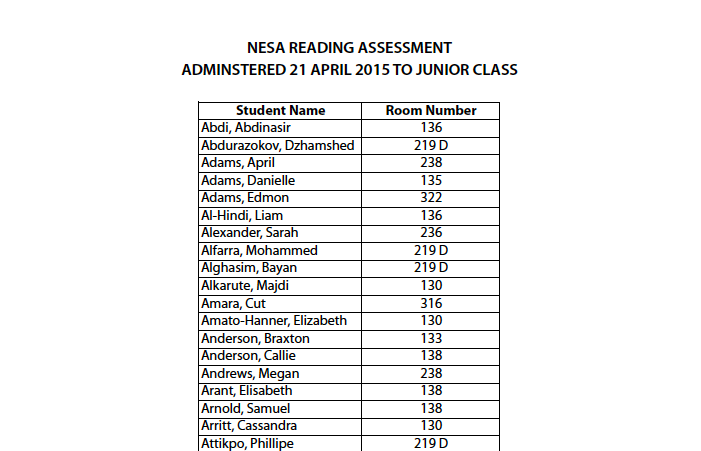 JUNIORS: Room assignments for NeSA Reading Assessment
