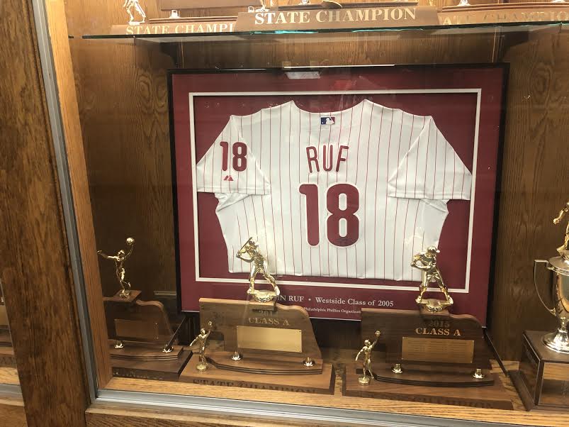 Darin Rufs old Phillies jersey is displayed in the hallway.
