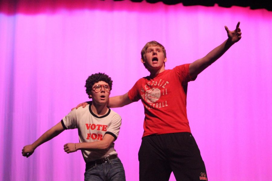 Seniors Dan Vermillion and Charlie Look competing in the lip-sync battle, singing How Far Ill Go. 