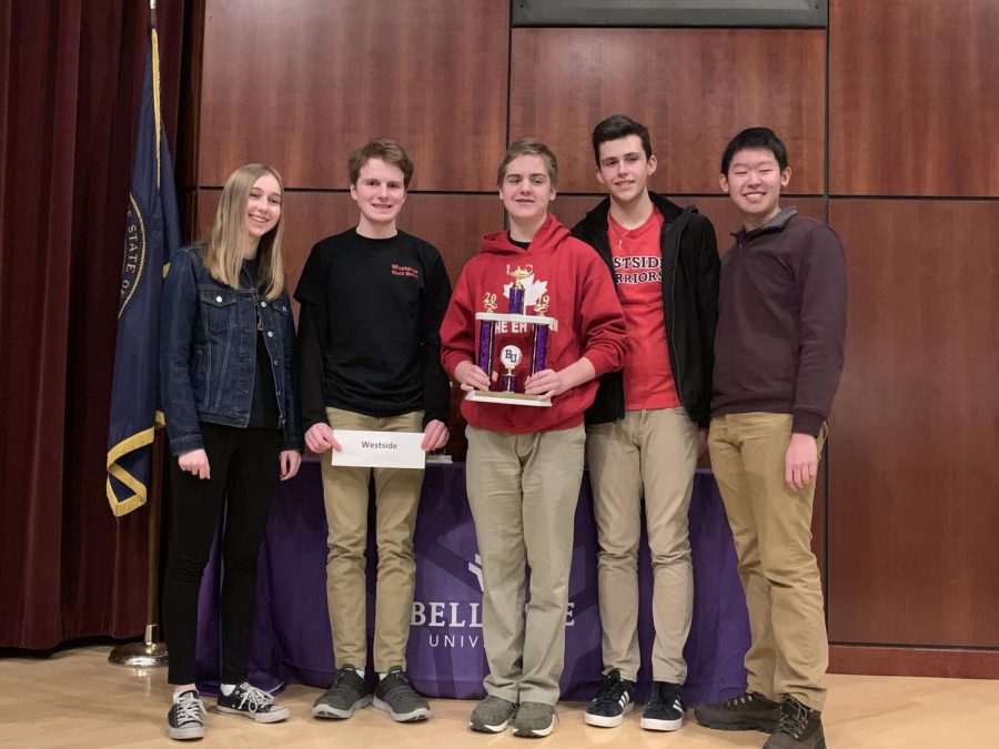 Quiz bowl team after winning (from left to right), Reese Pike, Theodore Jansen, Paul Suder, Brendan Pennington, and Andrew Li.