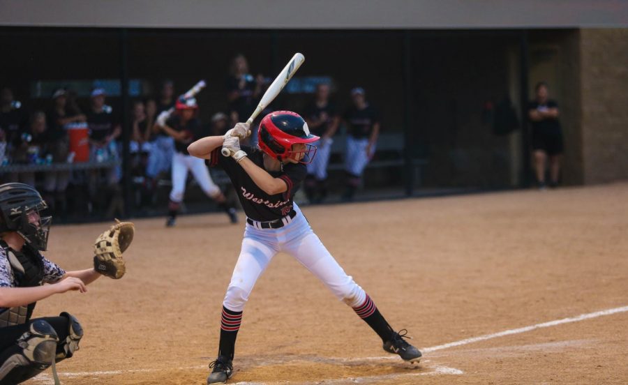 Freshman Addie Leinen getting ready to hit the ball at the Westside Vs. Columbus Softball game at Westside High School Softball Field