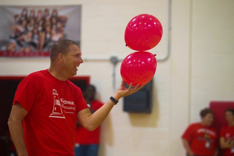 Counselor Ted Dondlinger wears a Kindness...its personal shirt during freshmen orientation.