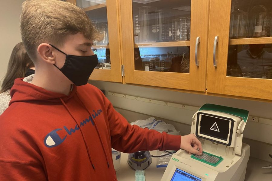 Senior Connor Zimmerman uses equipment during the lab.