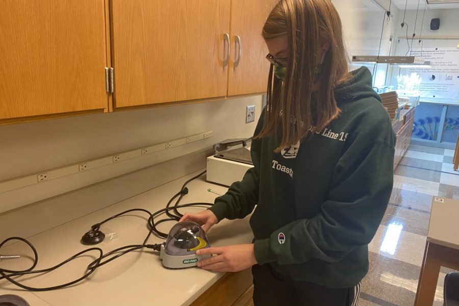 Senior Cassidy Smith uses a centrifuge for the AP Biology lab experiment. 