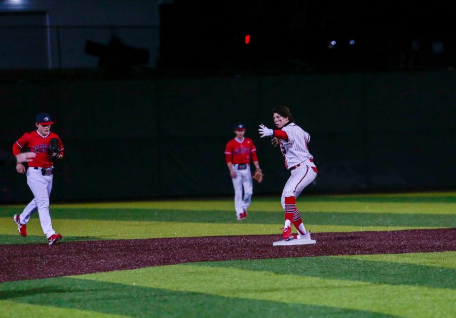 Junior Second Baseman/Catcher Dalton Bargo lines a double to right against Millard South. Bargo went 2-3 from the plate on the night. 
Photo- Zoe Gillespie