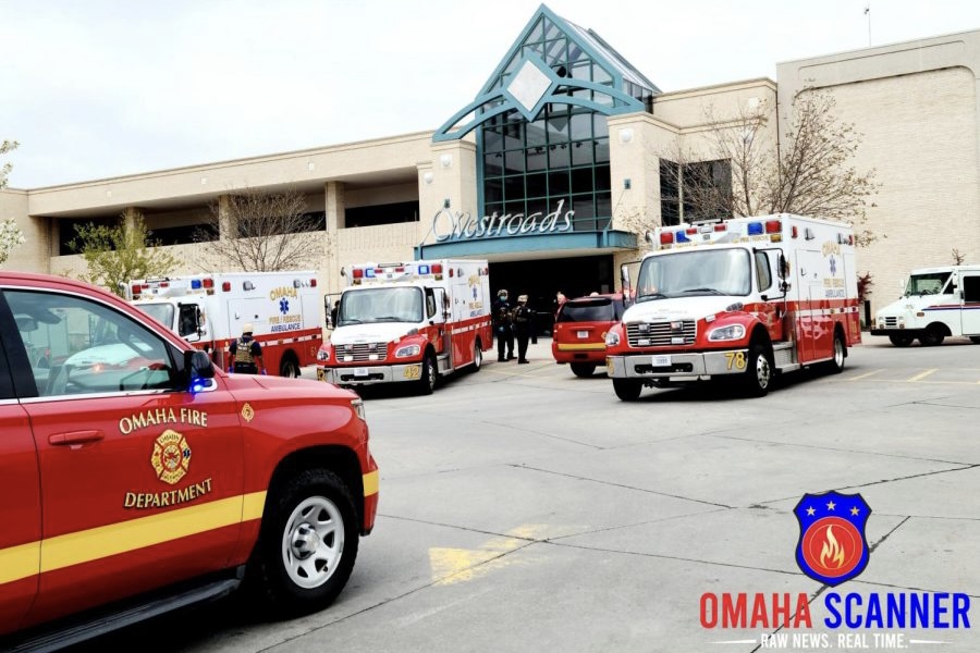 Ambulances parked outside Westroads Shopping Mall after the September shooting.