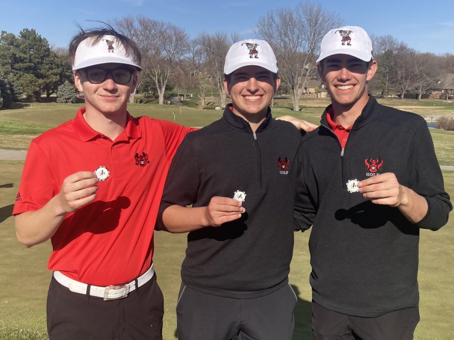 Westside’s Jack Davis (left), Jackson Benge (middle) and Kolby Brown (right) celebrate their runner-up placement at the Papio Invite