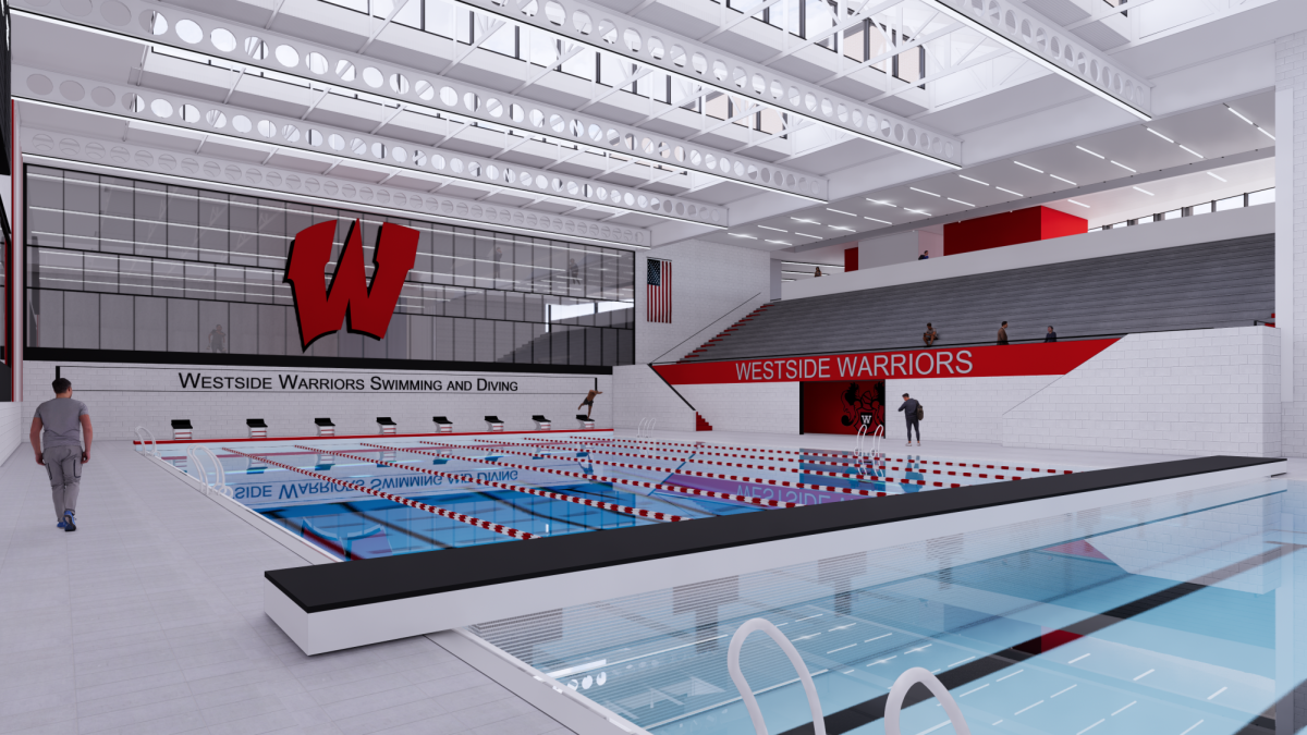 The architectural rendering of the proposed new aquatic facility at Westside features a cool down/warm up area that also serves as the dive tank.