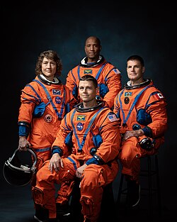 PHOTO DATE: March 29, 2023. LOCATION: Bldg. 8, Room 183 - Photo Studio. SUBJECT: Official crew portrait for Artemis II, from left: NASA Astronauts Christina Koch, Victor Glover, Reid Wiseman, Canadian Space Agency Astronaut Jeremy Hansen. PHOTOGRAPHER: Josh Valcarcel